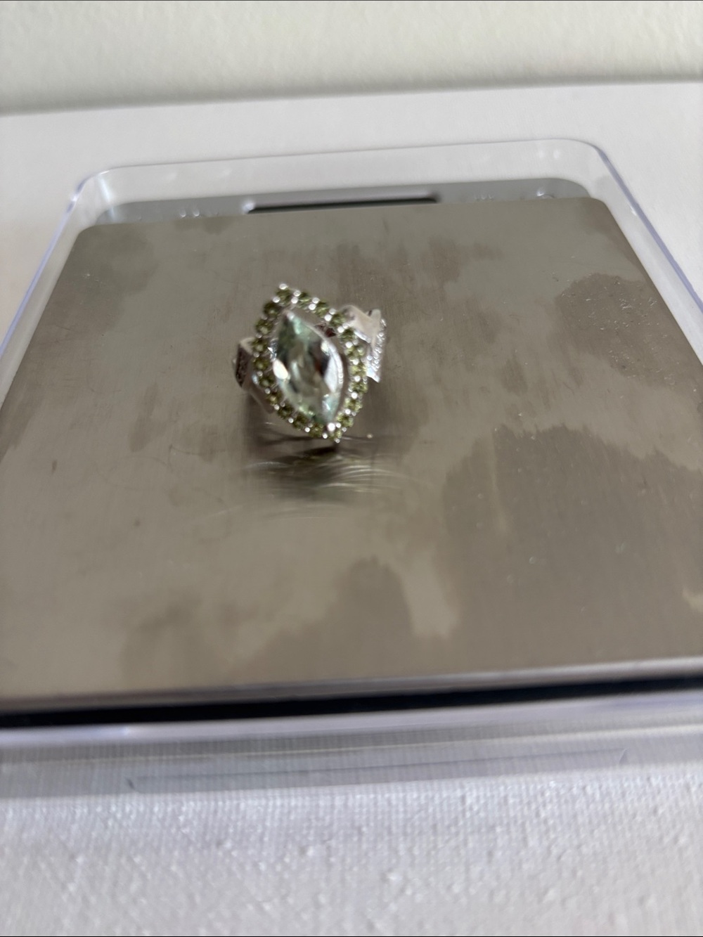 JTV Silver Ring with Light Green Marquise Center and Green Accent Halo